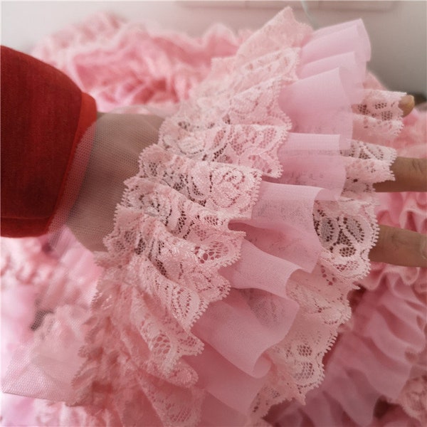 3 Layers Pink Ruffled Lace Trim, Chiffon Ruffle Trim, Elastic Pleated Chiffon Trim For Dress Sleeve, Baby Tutu Dress, Skirt Sleeve