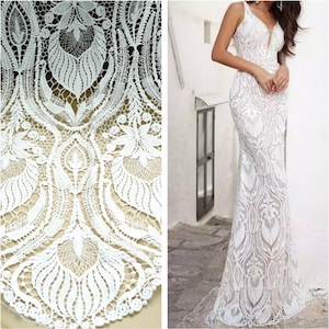 Off white Large Leaf Embroidery Guipure Fabric, Retro Hollow Heavy Embroidered Venice Lace Fabric, Victorian Bridal Dress Fabric
