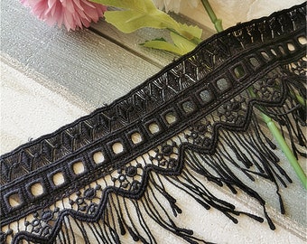 Black Lace Trim, Irregular Tassel Lace Trim, Fringe Lace Trimming for Weddings, Sash, Dresses Design, Curtain Lace, Garments Crafts Sewing