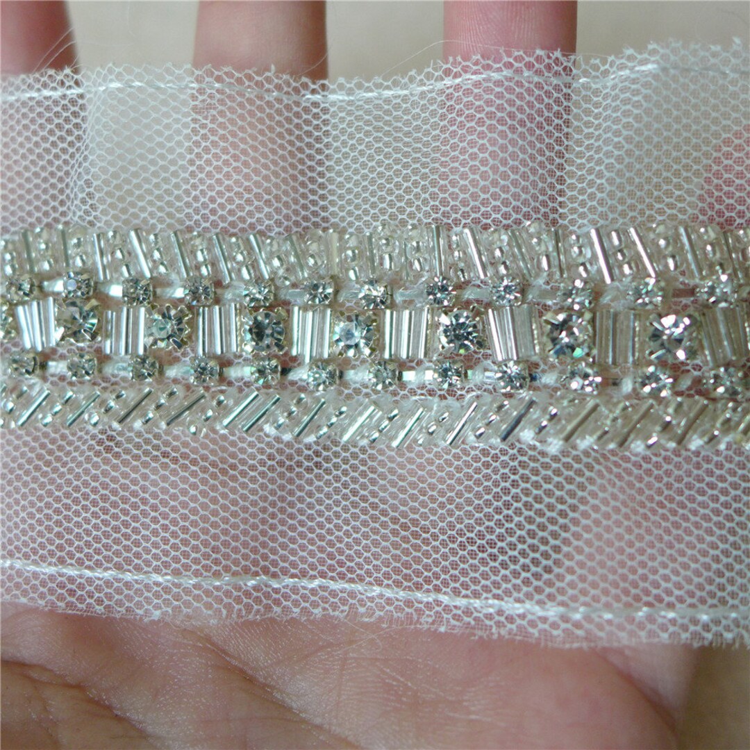New Crystal Beaded Trim, Rhinestone Mesh Lace Fabric Trim, Beading Trim