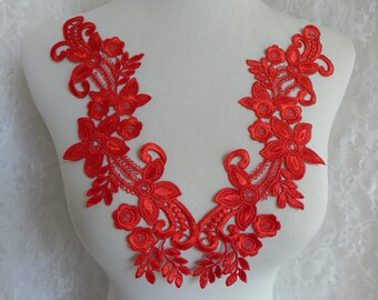 Venise Lace Applique Pair in Red for Bridal, Wedding Applique, Lace Jewelry, Sewing Applique