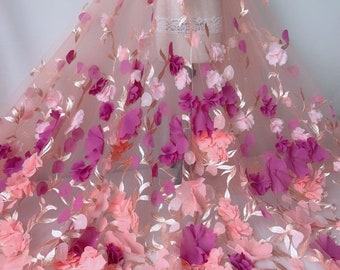 Tela de encaje floral 3D rosa melocotón, tela de tul con bordado floral 3D, 140 cm de ancho, para novias y bodas, una yarda
