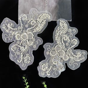 Cute Pearl Beads Embroidered Applique, Sequins Beaded Flower Applique Pair for Wedding Dress, Ball Gown, Costumes, Evening Dress, Garments