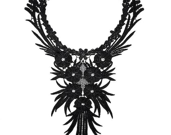 Aplique de cuello de encaje de Venecia de 3 colores, collar de aplique de encaje de Venecia guipur negro grande, aplique nupcial, cuello de escote, aplique de corpiño
