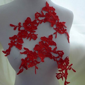Red Floral Venice Lace Applique PAIR for Bridal Accessory, Altered Couture, Costume Design