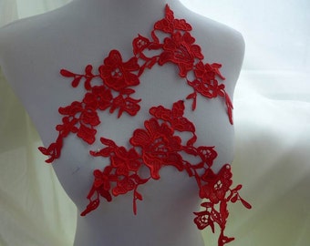 Red Floral Venice Lace Applique PAIR for Bridal Accessory, Altered Couture, Costume Design