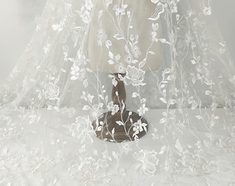 Exquisite Flowers Floral Embroidery Lace Fabric in Off White, Embroidered Tulle Lace Fabric For Bridal Dress, Wedding Lace Fabric, By 1 Yard