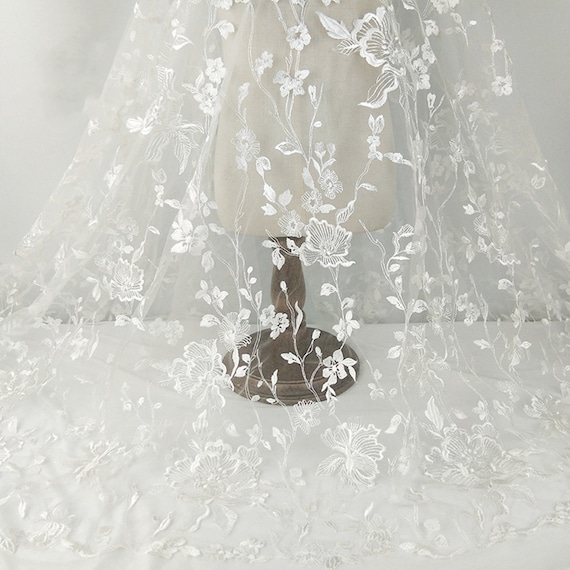 Exquisite Flowers Floral Embroidery Lace Fabric in Off White, Embroidered Tulle Lace Fabric For Bridal Dress, Wedding Lace Fabric, By 1 Yard
