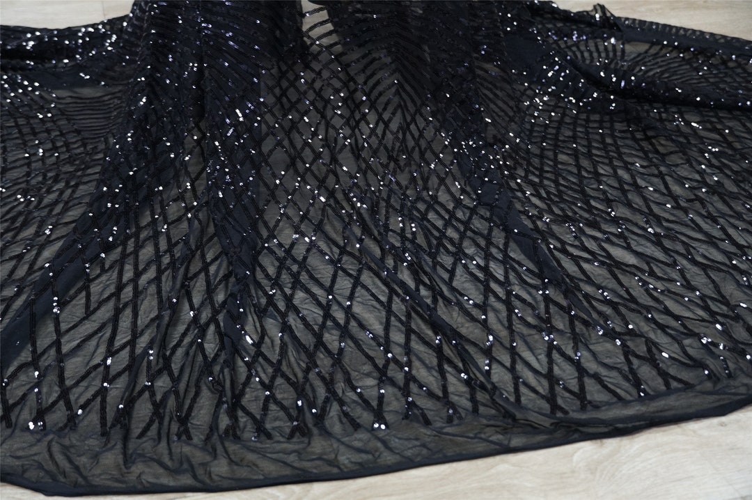 Black Sequins Lace Fabric, Black Stretch Fabric, Elastic Embroidery