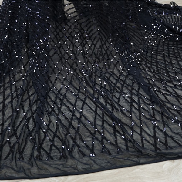 Tissu de dentelle de paillettes noires, tissu extensible noir, tissu de dentelle de maille noire de broderie élastique pour robe de soirée, robe de soirée, robe