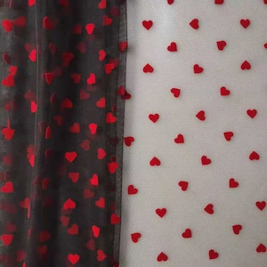 Red Heart Fabric, Flocked Heart Tulle Lace Fabric, Double-Sided Flocking Tulle Fabric, Wedding Gown Bridal Veil Fabric By the Yard