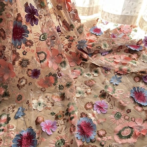 New Arrival Dense Embroidery 3D Flower Lace Fabric Colorful Floral Fabric For Girl Dress Party  Gown Wedding Dress Bridal Veil 1 yard
