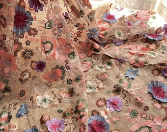 New Arrival Dense Embroidery 3D Flower Lace Fabric Colorful Floral Fabric For Girl Dress Party  Gown Wedding Dress Bridal Veil 1 yard