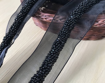 New Black Beads Lace Trim Mesh Lace Ribbon Pearl Lace Trim For Wedding Sash, Bridal Belt, Wedding Decor