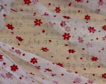 Red Flowers Flocking Tulle Lace Fabric Flocked Polka Dot Floral Bridal Wedding Dress Fabric 59" width By the Yard