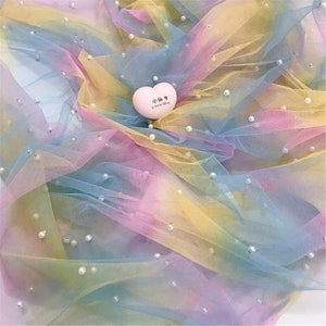 Rainbow Net Mesh Fabric Pearls Beaded Tulle Fabric for Children Dress Tutu Skirt Party Decor Backdrop DIY Crafts By Yard