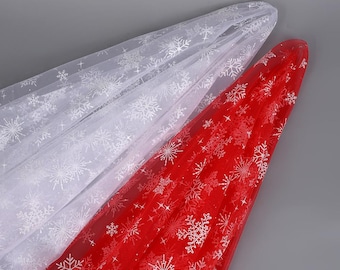 Lovely Snowflake Frozen Print Tulle Fabric, Red White Lace Fabric for Dress, Party Gown, Costumes, Tutu Skirts, Dance Dress, Home Decor