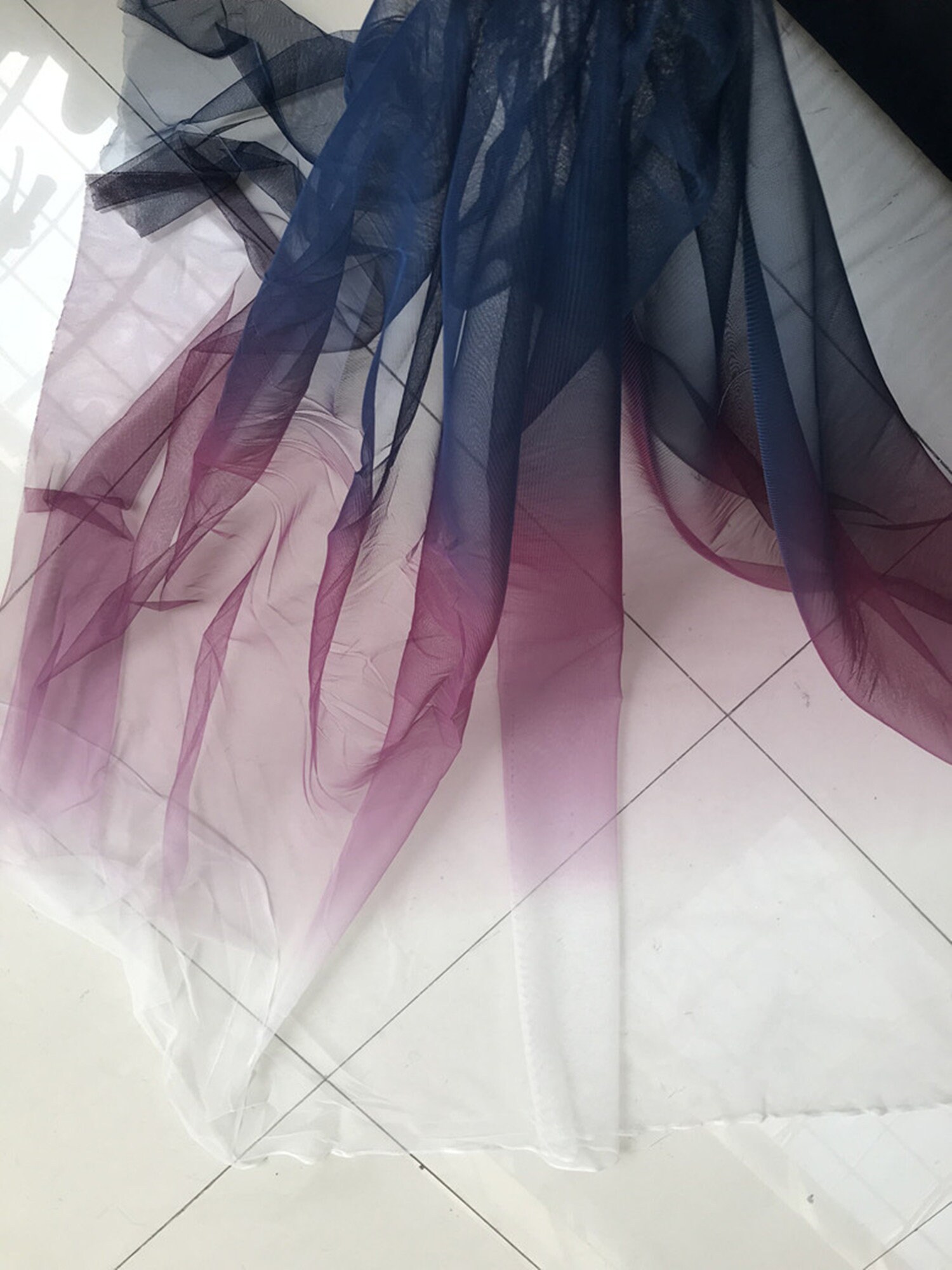 Blue Purple Ombre Tulle Lace Fabric, Beaded Tulle Fabric