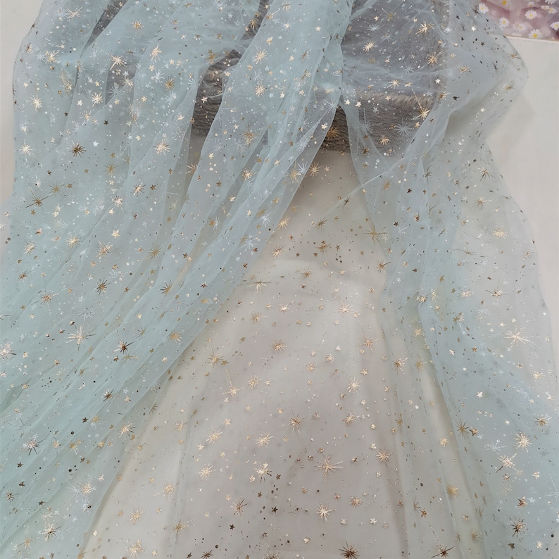 59 Wide Soft Tulle Fabric Gold Glitter Irregular Star Mesh Tulle Lace Fabric for DIY Doll Dress, Veil, Headband, Tutu Dress, Baby Dress i light green