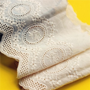 White Cotton Lace Fabric, Embroidered Lace Fabric, Wide Cotton