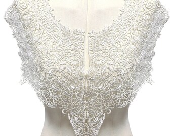 Cuello de encaje de guipur estilo vintage, cuello con apliques de encaje bordado floral blanco para coser prendas