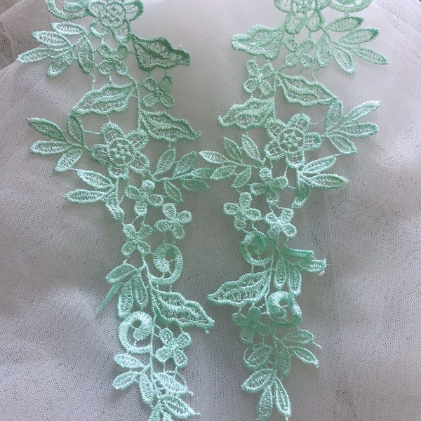 Lace Appliques Pair in Mint Green for Weddings, Bridesmaids Sashes, Costume Design