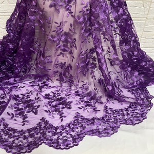 Purple lace fabric, floral flower embroidered lace fabric, scalloped lace fabric for prom gown, party dress, ball dress, costume