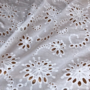 Off White Cotton Fabric With Embroidered Flower, Eyelet Embroidery ...