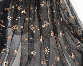Soft tulle fabric printed cat stars motif lace fabric for tutu dress, skirt, cosplay costume, tablecloth, by yard