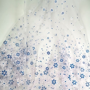 Frozen Print Blue White Snowflake Tulle Lace Fabric, Glitter Sheer Mesh Fabric For Princess Gown, Party Dress, Birthday Dress, Cosplay
