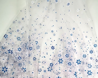Frozen Print Blue White Snowflake Tulle Lace Fabric, Glitter Sheer Mesh Fabric For Princess Gown, Party Dress, Birthday Dress, Cosplay