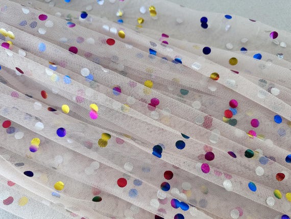 Off White Tulle Fabric, Rainbow Polka Dots Tulle Fabric
