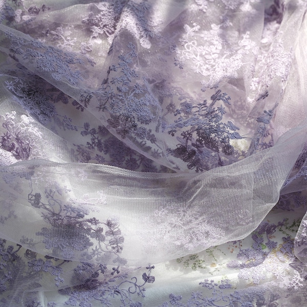 Purple Lace Fabric, Lavender Floral Embroidery Lace Fabric, Wedding Soft Tulle Bridal Lace Fabric 55" Width by Yard, Crafts Garments Lace