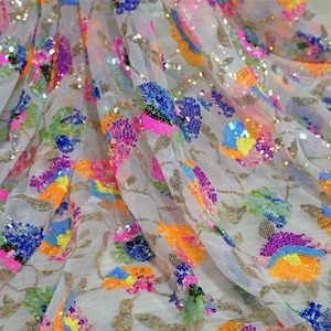 Shiny Colorful Floral Sequins Fabric, Mix Colors Flowers Fabric, Sequins Embroidery Mesh Fabric for Prom Dress, Beach Party Clothing