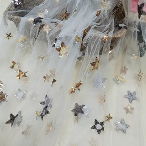 Twinkling Sequined Star Tulle Lace Fabric, Star Sequins Embroidery Fabric Wedding Lace Bridal Gown Fabric 59&quot; Width By the Yard