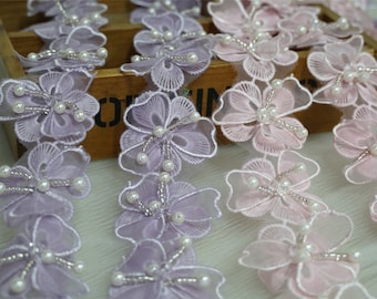 オーガンザ 二重層刺繍花レースアップリケトリムパールビーズ花レース
