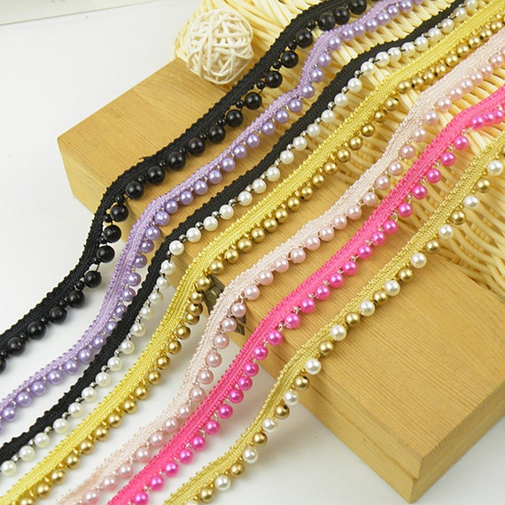 Black Pearl Bead Tassel Lace Ribbon - 3 Yards Beaded Fringe Trim For Sewing Dresses & Crafts