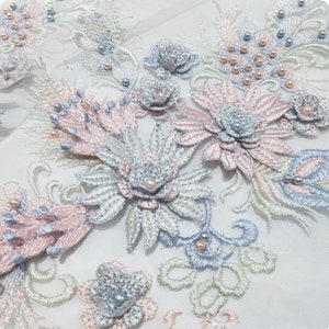 New Pink Blue Lace Applique, Pearl Beaded Embroidery Lace Applique, 3D Flowers Lace Applique for Prom Dress, Wedding Gown