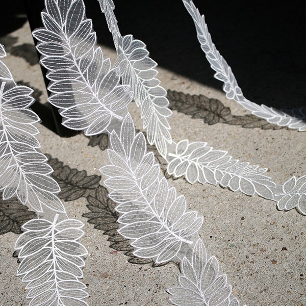 Stunning Off white Leaf Embroidery Lace Applique Trim for Patch, Bridal Headpiece, Dress Decor, Weddings, Garter, 2 Yards