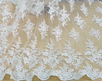 Beautiful Off White Alencon Lace Fabric, Cored Flower Embroidery Lace Fabric for Bridal Gown, Prom Dress, Baptism Dress, Sell By the Yard