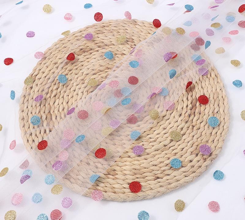 Colorful Shinny Dots Print Tulle, Confetti Polka Dots Tulle Lace Fabric for Tutu Skirt, Wedding Veils, Bridal Gown, Birthday Dress, Costumes