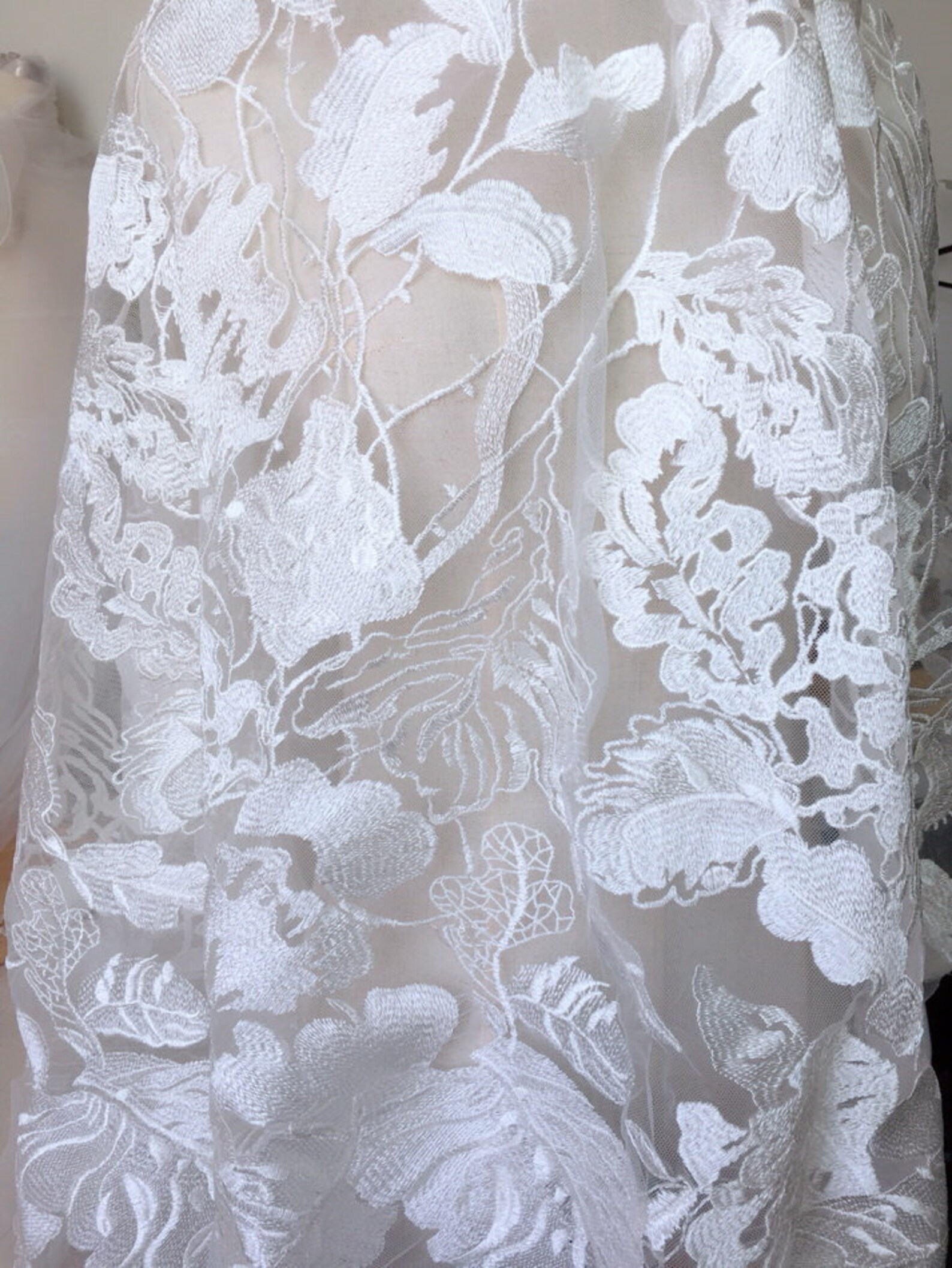 Ivory Leaf Floral Embroidered Lace Gauze Tulle Fabric for Etsy