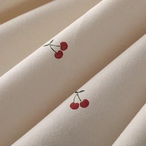 Cute fruit pattern cherry print cotton fabric, Beige twill cotton lace for blouse, skirt, doll clothes, dress, bags, crafts, home decoration
