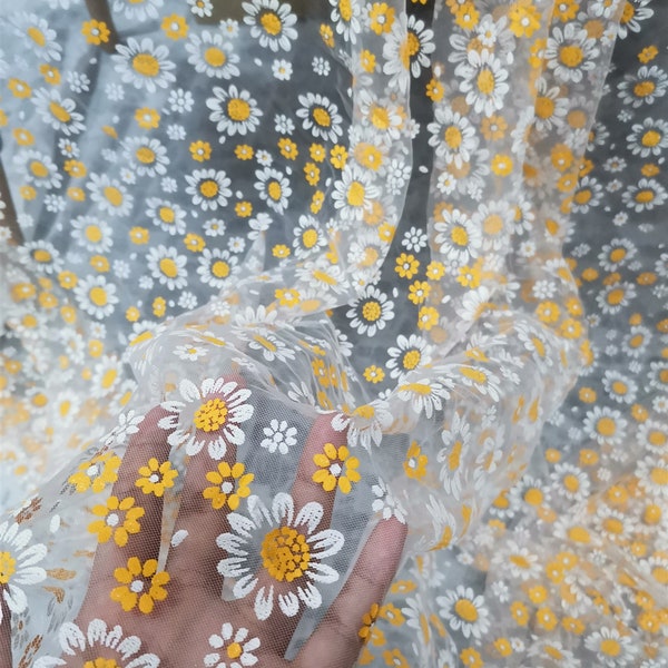 Chic Sunflower Floral Mesh Tulle Fabric, Print Daisy Tulle Lace Fabric for Tutu Dress, Weddings, Backdrop, Corset Dress, By 1 Yard