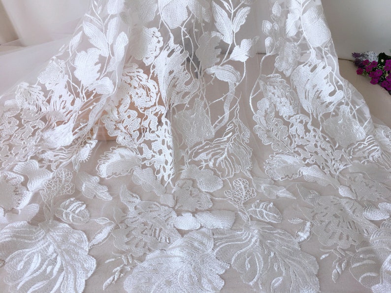Ivory Leaf Floral Embroidered Lace Gauze Tulle Fabric for Etsy
