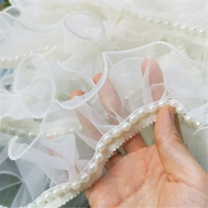 Beaded Ruffled Lace Trim, Gathered Organza Lace Trim, Pearls Organza Trim for Doll Clothes, Apparel, Socks Trim, Costumes, Collar