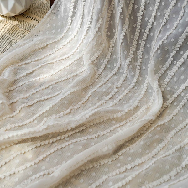 Stripes Soft Chiffon Fabric, Dot Embroidery Chiffon Lace Fabric for Wedding Gown, Party Dress, Summer Dress, Garments