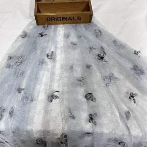 Gray 3D Butterfly Lace Fabric Floral Embroidery Mesh Wedding Lace Bridal Veil Fabric for Dress Gown Headband By the Yard