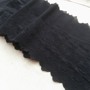 Vintage Black Lace Trim, 8.26" Wide Cotton lace trim, scalloped lace trim, floral embroidered cotton lace trim sold by 2 yards