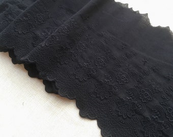 Vintage Black Lace Trim, 8.26" Wide Cotton lace trim, scalloped lace trim, floral embroidered cotton lace trim sold by 2 yards